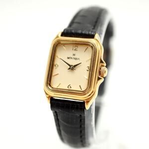 Vintage Montreux Swiss 19mm Gold Tone Tank Watch Black Leather w New Battery